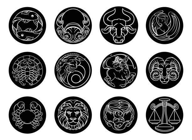astrologie horoskop tierkreiszeichen sternzeichen-icon-set - griechisches tattoo stock-grafiken, -clipart, -cartoons und -symbole