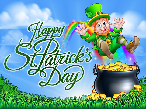 Happy St Patricks Day background with a leprechaun cartoon character sliding down to a pot of gold at the end of the rainbow.