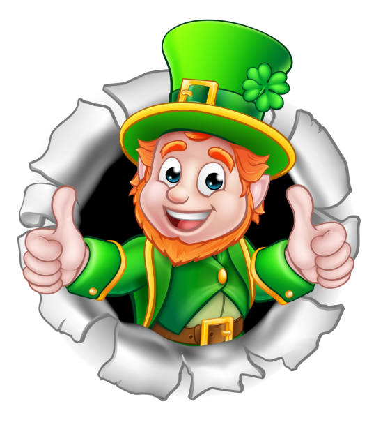 St Patricks Day Leprechaun Breaking Background A cute St Patricks Day Leprechaun cartoon character breaking through the background and giving a thumbs up cute leprechaun stock illustrations