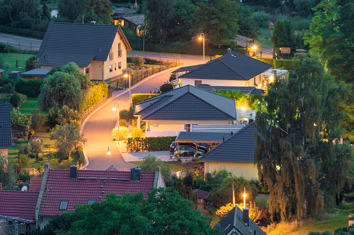 Illuminated residential area at night