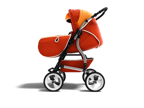 istock Modern orange stroller for child for autumn walks 3d render on white background with shadow 1067773480