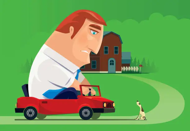 Vector illustration of driver meeting dog while going home