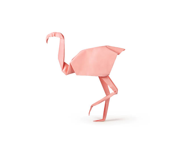 flamingo de papel isolado no branco - origami - fotografias e filmes do acervo