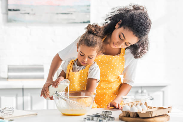 african american mother and daughter preparing dough and pouring milk into bowl in kitchen african american mother and daughter preparing dough and pouring milk into bowl in kitchen people preparing food stock pictures, royalty-free photos & images