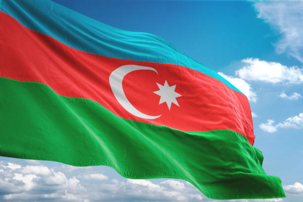 Azerbaijan flag waving cloudy sky background realistic 3d illustration