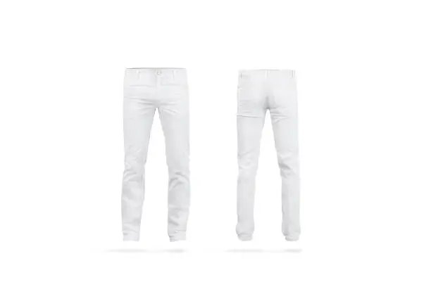 Blank white mens pants mock up, isolated, front and back side view. Empty classic male trousers mockup. Clear denim clothing for work template. Casual jeans for office uniform.