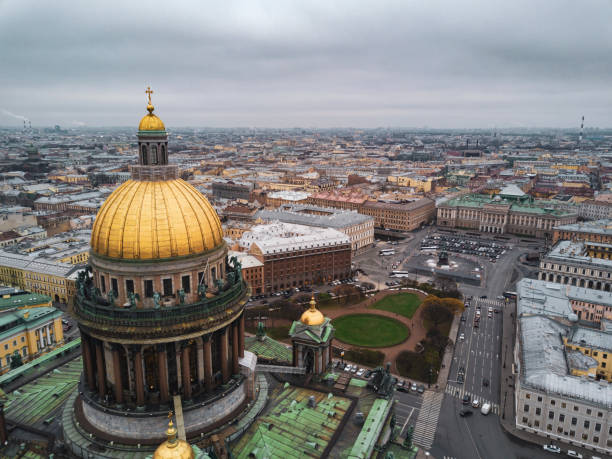 Aerial view of Isaak Cathedral, famous sight of Saint Petersburg stock photo
