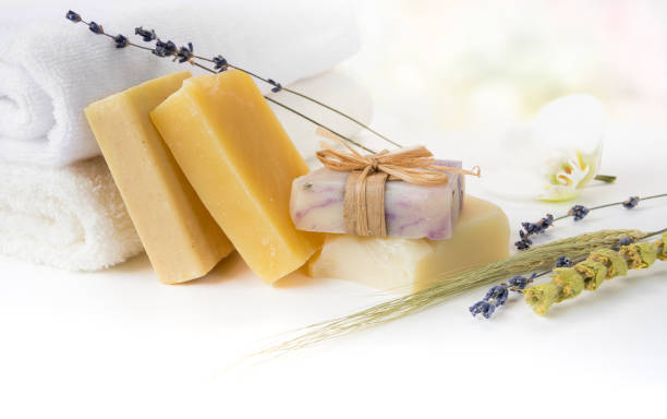 istock Handmade Soap with towels on white 1067792842