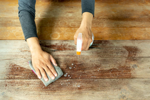 istock Waiter cleaning the table with spray disinfectant in cafe. 1067793034