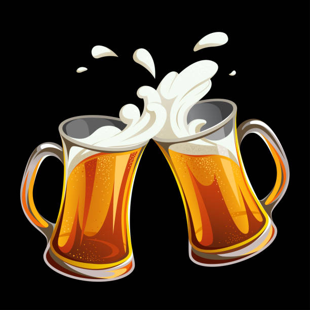 ilustrações de stock, clip art, desenhos animados e ícones de illustration of two glass toasting mugs with beer on black background. cheers beer glasses. print, template, design element. - beer glass