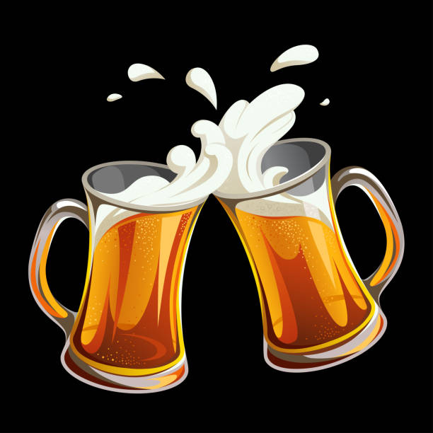 Illustration of two glass toasting mugs with beer on black background. Cheers beer glasses. Print, template, design element. Images for your design projects beer glass stock illustrations