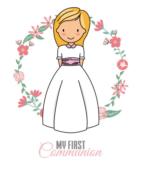 my first communion girl my first communion girl. beautiful girl with communion dress and flower frame communion stock illustrations