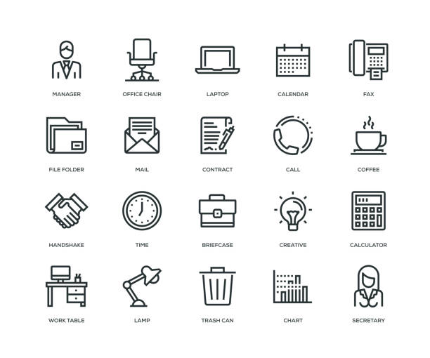 ilustraciones, imágenes clip art, dibujos animados e iconos de stock de oficina y lugar de trabajo iconos - serie - office supply desk business person human age