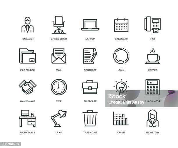 Office And Workplace Icons Line Series Stock Illustration - Download Image Now - Icon, Office, Desk