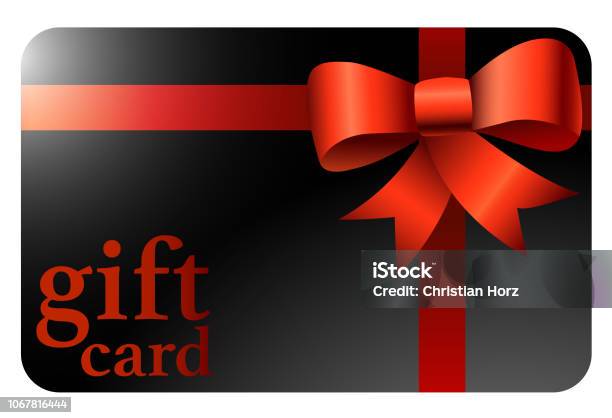 Shiny Black Gift Card With Red Ribbon Stock Illustration - Download Image Now - Gift Certificate or Card, Black Color, Vector