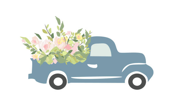 ilustrações de stock, clip art, desenhos animados e ícones de vintage car with flowers. engraving style. - pick up truck red old 4x4