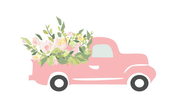 ilustrações de stock, clip art, desenhos animados e ícones de vintage car with flowers. engraving style. vector illustration. wedding car - pick up truck red old 4x4