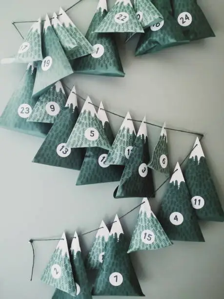 Advent calendar with Christmas gifts hanging on Wall. Modern papper craft. Photo taken Indoors in a home. Photo taken with smart Phone.
