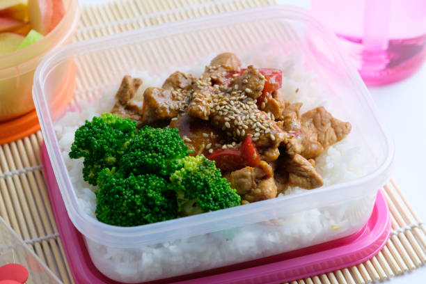 istock Asian style lunch box with sesame pork and broccoli 1067822102