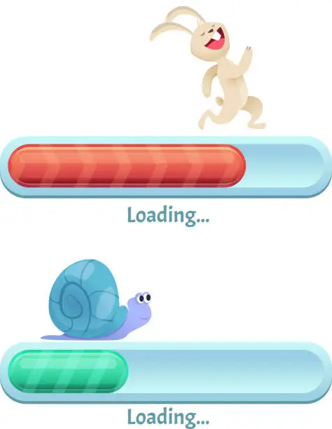 Vector illustration of Fast download bar. Business concept of computer internet conection type quick rabbit and slow snail in dynamic poses vector cartoon ui