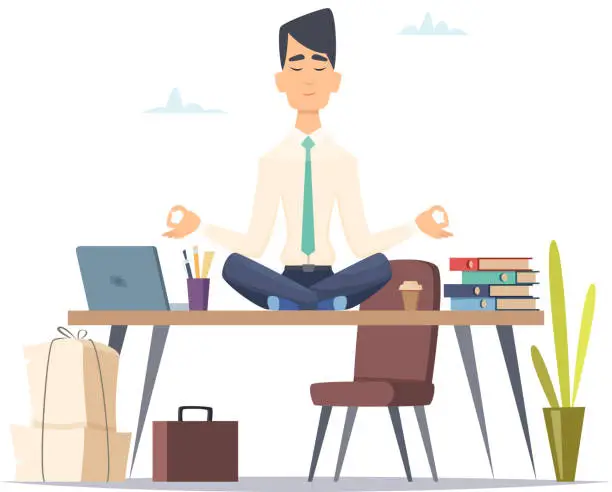 Vector illustration of Businessman yoga meditation. Office relax in stressed work busy man sitting in lotus yoga practice at workspace vector concept