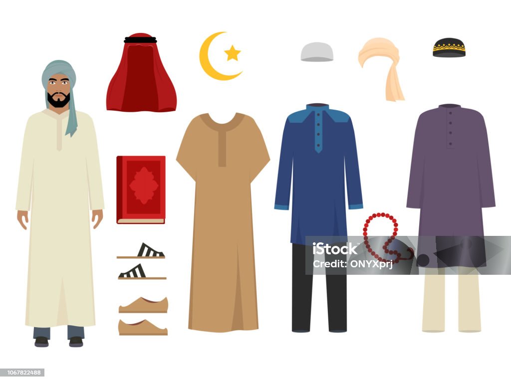 Arabic man clothes. National islamic fashion of male costumes wardrobe items muslim iranian and turkish sultan vector illustrations Arabic man clothes. National islamic fashion of male costumes wardrobe items muslim iranian and turkish sultan vector illustrations. Traditional clothing saudi and muslim for man character Islam stock vector