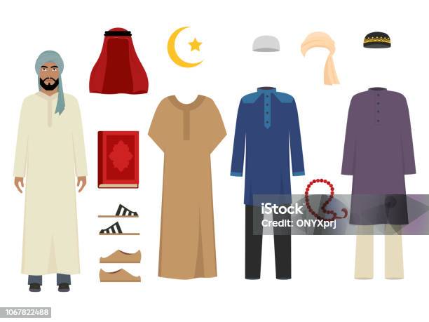 Arabic Man Clothes National Islamic Fashion Of Male Costumes Wardrobe Items Muslim Iranian And Turkish Sultan Vector Illustrations Stock Illustration - Download Image Now