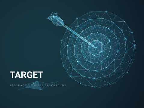 Abstract modern business background depicting target with stars and lines in shape of a circular target with an arrow on blue background.