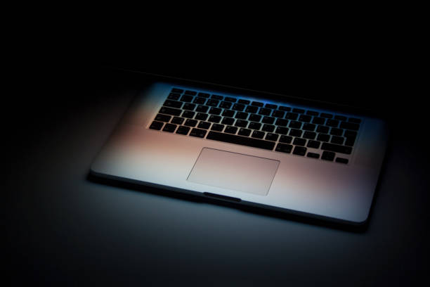 Modern laptop on desk in dark room under lamp light