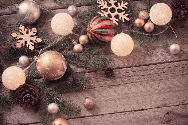 istock Christmas decoration on old wooden background 1067831964