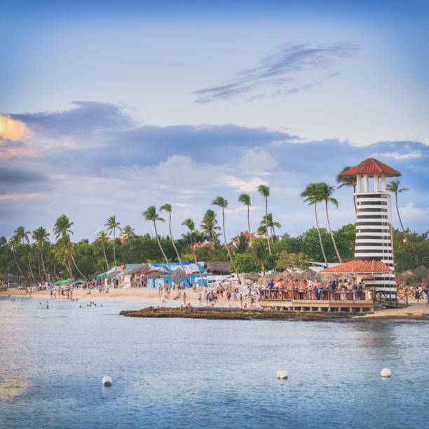 Panorama of sunset at Bayahibe beach, La Romana, Dominican republic