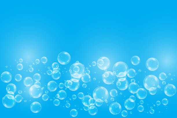 Realistic soap bubbles with rainbow reflection set isolated on the blue background. Realistic soap bubbles with rainbow reflection set isolated on the blue background. vector Illustration froth decoration stock illustrations