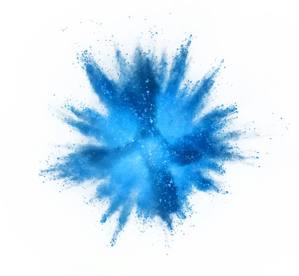白い背景の着色された粉体爆発 - powder blue 写真 ストックフォトと画像