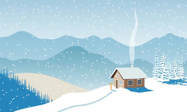 Vector illustration of Winter with house, distant mountains, skies, snow, Snow flurry, sun light, chimney smoke, forest, ski run