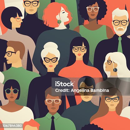 istock Seamless pattern of many different people profile heads Vector background. 1067844380