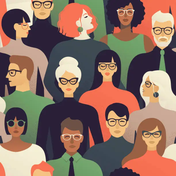 Vector illustration of Seamless pattern of many different people profile heads Vector background.