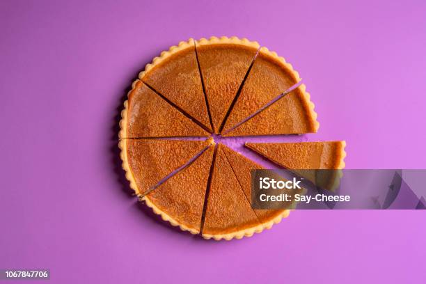 Sliced Pumpkin Pie And A Separate Piece Top View Traditional Dessert Stock Photo - Download Image Now