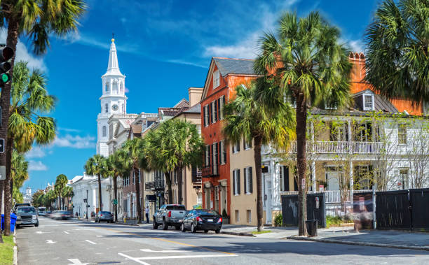 St. Michaels Church and Broad St. in Charleston, SC Scenic View of the St. Michaels Church from Broad St. in Charleston, SC charleston south carolina photos stock pictures, royalty-free photos & images