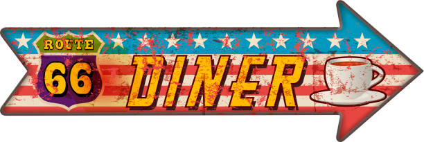 Grunge route 66 diner arrow guidepost sign Grunge route 66 diner arrow guidepost sign, retro style, vector illustration american flag house stock illustrations