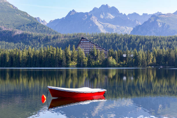 istock red boat on mountain lake 1067861818
