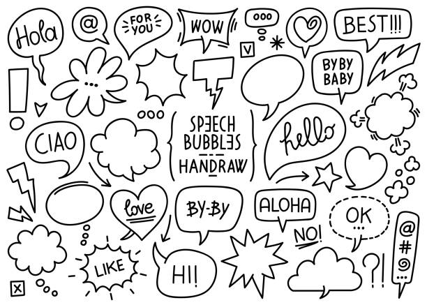 Hand Drawn Speech Bubble Set Vector collection of sketched speech bubbles and comic balloons and effects on a white background love bubble letters pictures stock illustrations