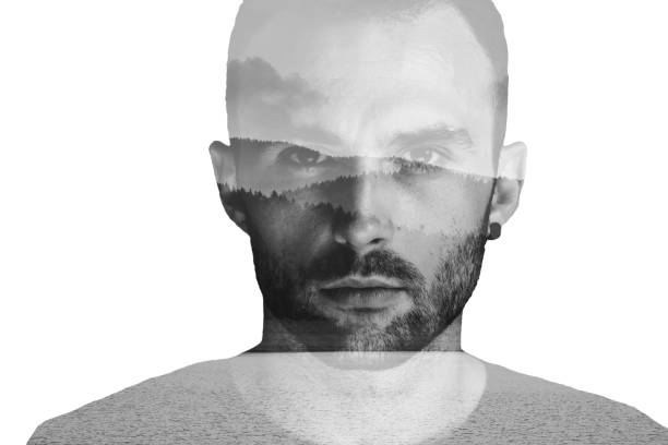 istock Double exposure of a man with mountain woodland 1067864310