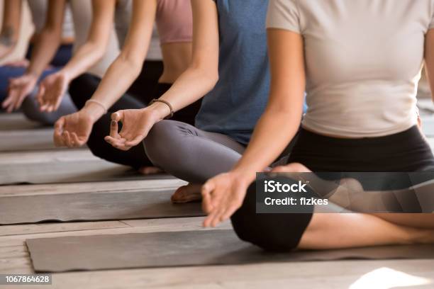 Gruppe Von Frauen Praktizieren Yoga In Leicht Sitz Nahaufnahme Stockfoto und mehr Bilder von Frauen