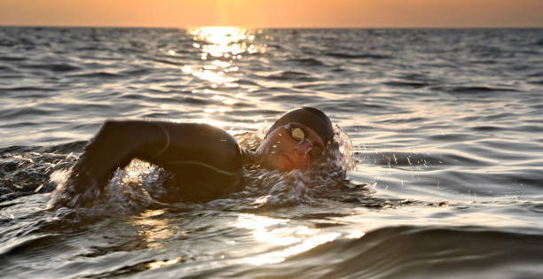 istock Male swimmer swimming front crawl in sunset 1067877506