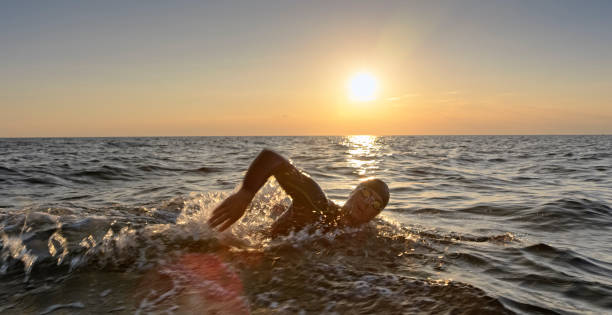 istock Male swimmer swimming front crawl in sunset 1067877508