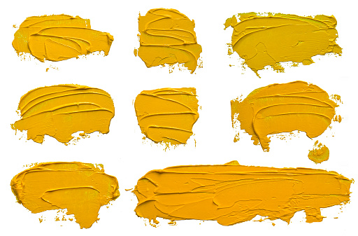 Conjunto de ocho amarillo pintura aceite pincelada, convexa con sombras, aislado en fondo blanco. Cada artículo se puede descargar por separado en alta resolución en mi cartera. photo