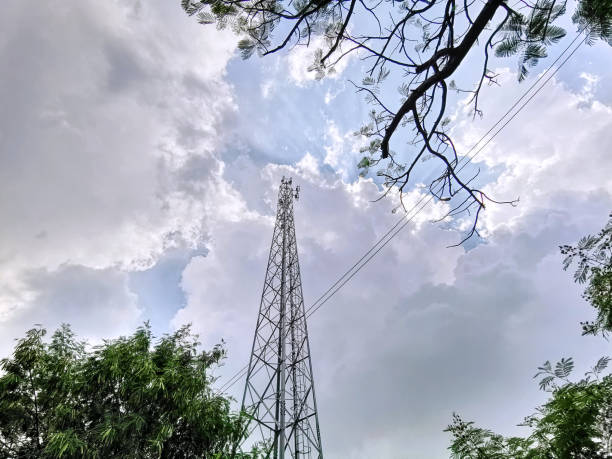 low angle view of tour de télécommunication par le biais de canopée contre ciel nuageux - sky tree audio photos et images de collection