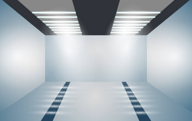 istock Exhibition empty 3D room with bright lighting. Presentation of cars, motorcycles, retro, valuables. Vector illustration for your business projects. 1067892080
