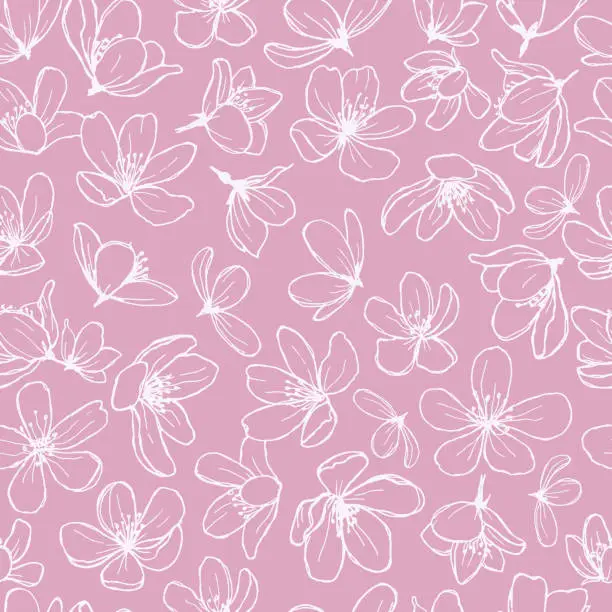 Vector illustration of White blossom line flowers on pink background.