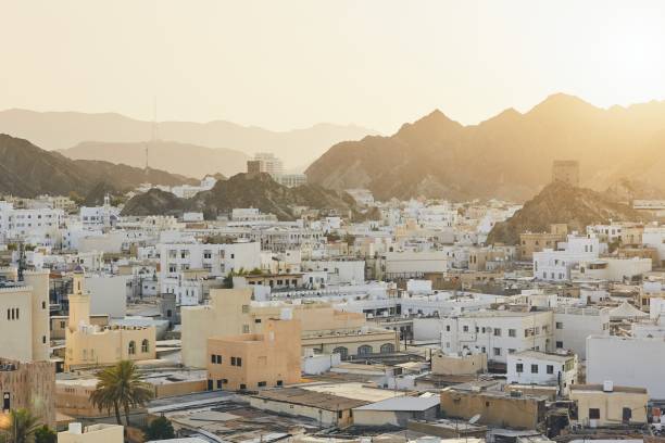 vue du paysage urbain de muscat - travel destinations hill landscape house photos et images de collection